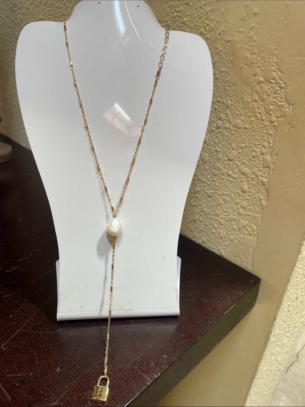 14k Gold plated Necklace with Pearl and Padlock Pendant -Can be worn day/night